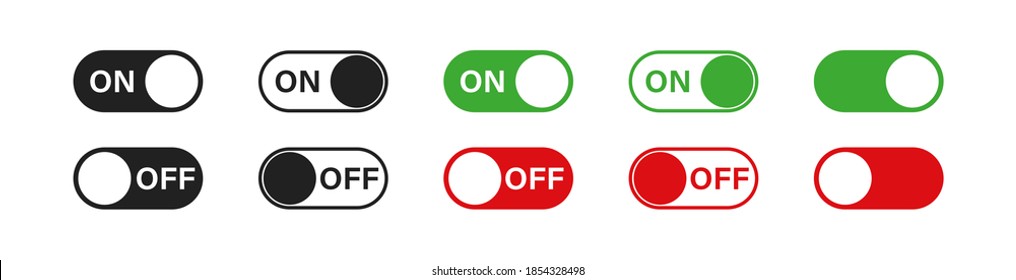 Switch toggle buttons. ON and OFF vector icons set in flat style. App interface slider