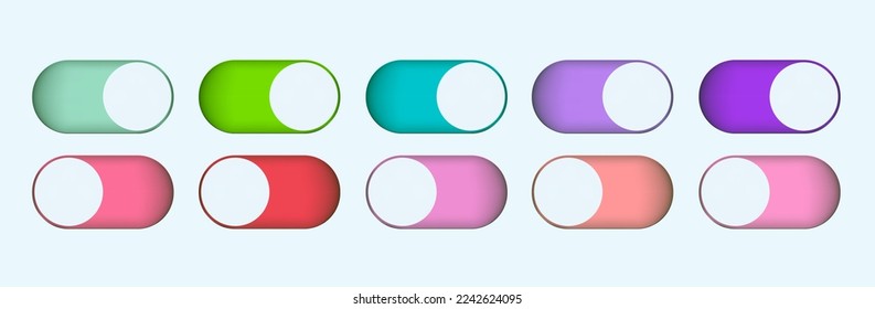 Switch toggle buttons. ON and OFF vector icons set in flat gradient style. App interface slider EPS 10, vector UI UX icons set