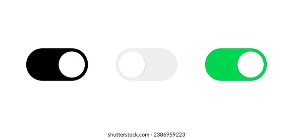 Switch toggle buttons. On and Off toggle switch icon with green slider button, turn on and turn off icons with blue and grey buttons- enable or disable buttons. web ui mobile interface icons	
