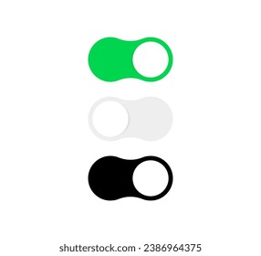 Switch toggle buttons. On and Off toggle switch icon with green slider button, turn on and turn off icons with blue and grey buttons- enable or disable buttons. web ui mobile interface icons