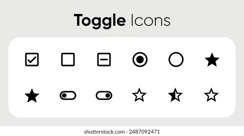 Cambiar conjunto de iconos de alternancia. Icono de alternar esquema. Activar y desactivar el control deslizante. Conmutar encendido y apagado. Botón de potencia en línea y estilo plano. Conjunto de Botones de interruptor de diseño de material