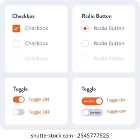 Switch toggle icon set. Outline toggle in orange. Turn on and turn off slider. Switch on and off toggle. Power button in line and flat style. Material design switch buttons set