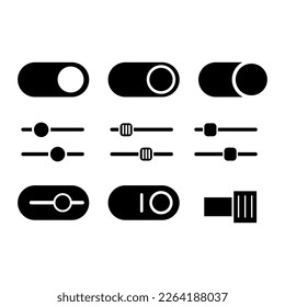 Switch toggle icon set. Turn on and turn off slider. Switch on and off toggle. Power button on white..eps
