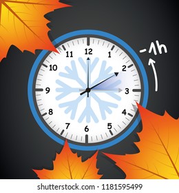 switch to winter time concept for daylight saving with autumn leaves on black background vector illustration EPS10