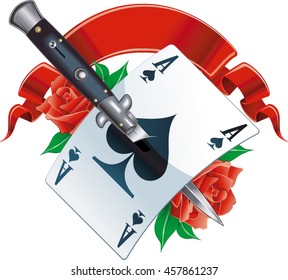 switchblade knife through ace of spade, roses and banner