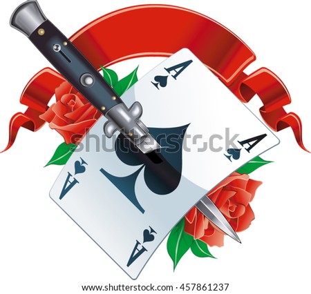 switchblade knife through ace of spade, roses and banner
