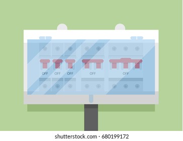 Switchboard Electric panel with swit?hes and fuse breakers flat vector illustration isolated on green background