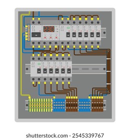 Centralita con relé de monitorización de tensión montado, disyuntores, dispositivos de corriente residual y cables conectados. Ilustración vectorial