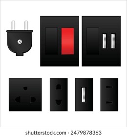 Switchboard sockets and electric boards USB port, USA, UK, India plugs, electricity equipment vector illustration Set isolated