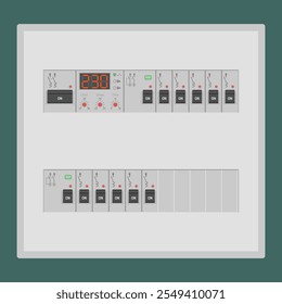 Switchboard with voltage monitoring relay, circuit breakers and residual current devices. Vector illustration