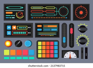 Switches and buttons on control panel vector illustrations set. Retro control console or terminal elements, dials and knobs on dashboard, system monitor or display. Technology, equipment concept