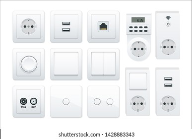 Switches and sockets set. All types. AC power sockets realistic illustration