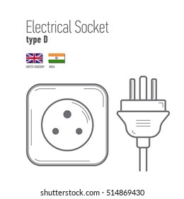 Switches and sockets set. Type D. AC power sockets icons, thin line style, flat design. Different type power socket set, vector isolated icon illustration for different country plugs.