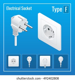 Switches and sockets set. Type F. AC power sockets realistic vector illustration