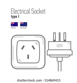 Switches and sockets set. Type I. AC power sockets realistic illustration. Different type power socket set, vector isolated icon illustration for different country plugs.