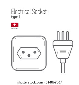 Switches and sockets set. Type J. AC power sockets realistic illustration. Different type power socket set, vector isolated icon illustration for different country plugs.