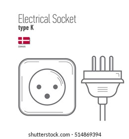 Switches and sockets set. Type K. AC power sockets icons, thin line style, flat design. Different type power socket set, vector isolated icon illustration for different country plugs.