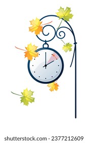 Switching clocks to winter time. Autumn landscape, the clock hand switches to winter time. Illustration in trendy flat style. Vector illustration