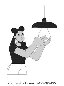 Switching to energy saving lightbulb black and white cartoon flat illustration. Hispanic woman replacing bulb 2D lineart character isolated. Modernization light monochrome scene vector outline image