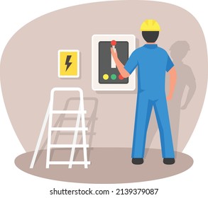 Desactivación del interruptor eléctrico principal en la tarjeta de distribución Diseño del icono del vector del concepto, símbolo de la profesión del electricista, símbolo de la fuente de alimentación y del cableado, herramientas de mano y Repairman ilustración de stock