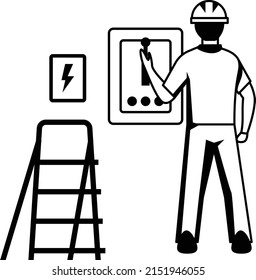 Ausschalten des elektrischen Hauptschalters an der Verteilerkarte Konzept Vektorsymbol-Design, Symbol für elektrische Professionalität, Stromversorgungs- und Verkabelungszeichen, Handyhandwerkzeuge und Reparaturwerkzeuge Stockillustrationen