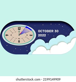 Switching to winter time. Oval clock. Vector illustration in cut paper style.