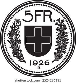 Switzerland 5 francs coin 1926 vector design handmade silhouette.	
