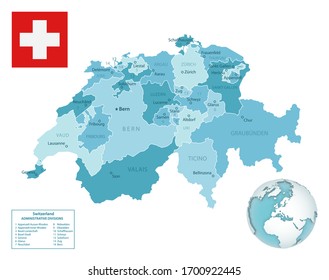 Die Schweiz verwaltet eine blaugrüne Karte mit Länderflagge und Lage auf der ganzen Welt. Vektorillustration