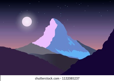 Switzerland. Alpine peak Matterhorn in the moonlight. Beautiful mountain landscape