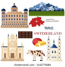 Switzerland architecture and symbolistic elements set Vector. Famous city architecture, mountains, and cows. National symbol red flag , chocolate and cheeses