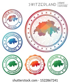 Switzerland badge. Colorful polygonal country symbol. Multicolored geometric Switzerland logos set. Vector illustration.