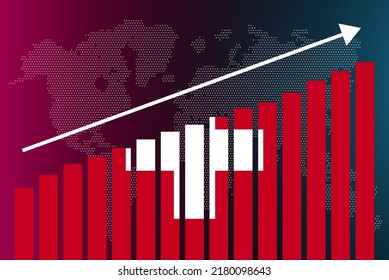 Gráfico de barras de Suiza, valores crecientes, concepto de estadísticas de países, bandera de Suiza en el gráfico de barras, flecha ascendente en los datos, idea de banderas de noticias