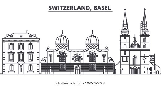 Switzerland, Basel  line skyline vector illustration. Switzerland, Basel  linear cityscape with famous landmarks, city sights, vector landscape. 