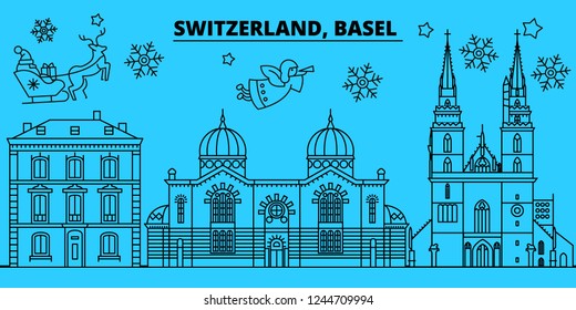 Switzerland, Basel winter holidays skyline. Merry Christmas, Happy New Year decorated banner with Santa Claus.Switzerland, Basel linear christmas city vector flat illustration