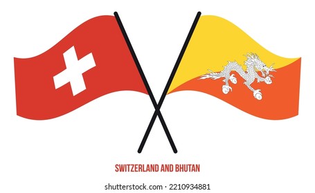 Switzerland and Bhutan Flags Crossed And Waving Flat Style. Official Proportion. Correct Colors.