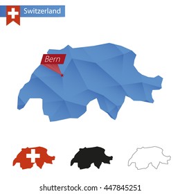 Switzerland blue Low Poly map with capital Bern, versions with flag, black and outline. Vector Illustration.