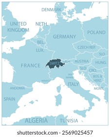 Switzerland - blue map with neighboring countries and names. Vector illustration