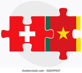 Switzerland and Cameroon Flags in puzzle  isolated on white background
