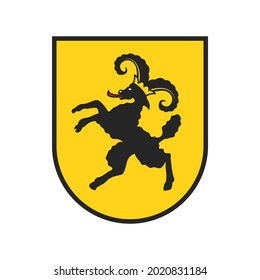 Switzerland canton emblem or arms, Swiss heraldic icon Schaffhausen region, vector. Swiss canton banner sign or flag of Schaffouse district with goat on yellow shield