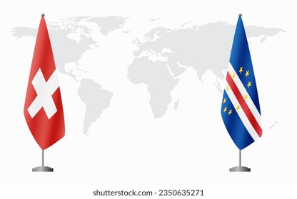 Switzerland and Cape Verde flags for official meeting against background of world map.