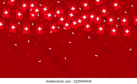 Switzerland celebration bunting flags with confetti and ribbons on red background. vector illustration.