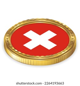 Switzerland (CH) National Flag Round Icon 2.5D Isometric Projection View Gold Coin Isolated on White Background