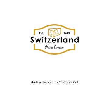 Sello de etiqueta de la tienda de quesos de Suiza. Ilustración de diseño de logotipo de tienda de queso