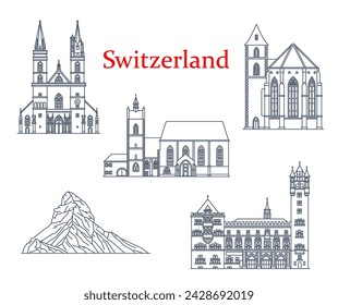 Switzerland churches and cathedrals, architecture and travel landmarks, vector buildings of Basel. Leonhardskirche, Rathaus or Town Hall, St. Alban Tower, Basel Minster Cathedral and Matterhorn Peak