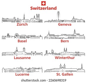 Switzerland cities outline skylines vector set