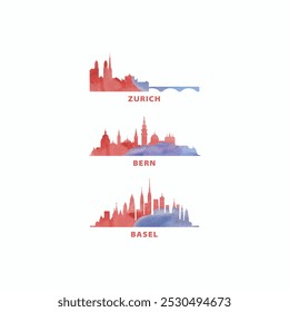 Switzerland cities skyline vector logo, icon set. Flat watercolor Zurich, Bern, Basel silhouette. Isolated graphic collection