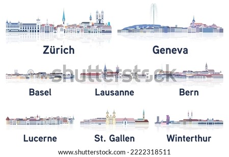 Switzerland cities skylines in soft cold tones color palette vector set. Crystal aesthetics style