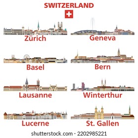 Switzerland cities skylines vector illustrations set