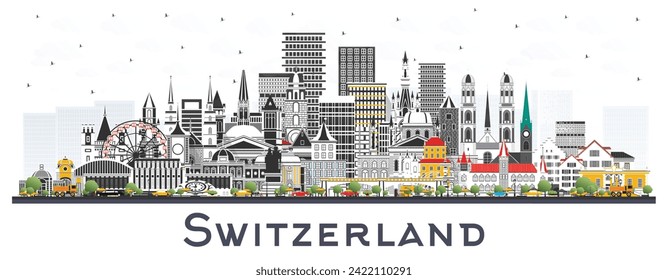 Switzerland City Skyline with Gray Buildings isolated on white. Vector Illustration. Modern and Historic Architecture. Switzerland Cityscape with Landmarks. Bern. Basel. Lugano. Zurich. Geneva.