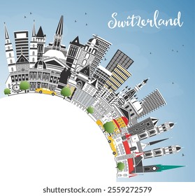 Switzerland city skyline with gray buildings, blue sky and copy space. Vector illustration. Modern and historic architecture. Switzerland cityscape with landmarks. Bern. Basel. Zurich. Geneva.